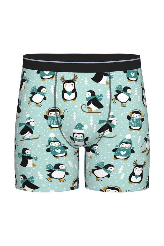 Winter Skiing Penguin Pattern Men's Athletic Long Leg Briefs , Performance Stretch Underwear,Moisture-Wicking