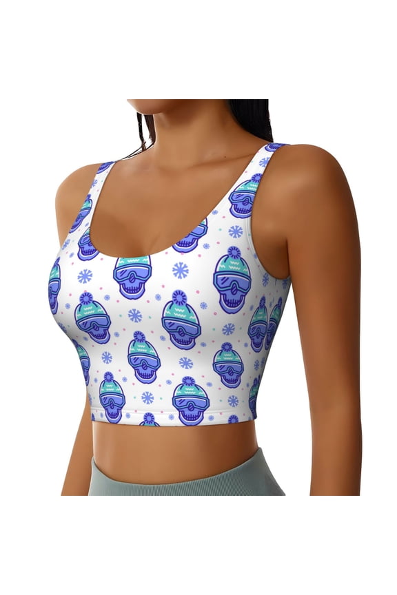 Winter Snowflake Skiing Skull Sports Bra for Women,Padded Strappy Sports Bras Medium Support Yoga Bra with Removable Cups,Running Yoga Bra-Large