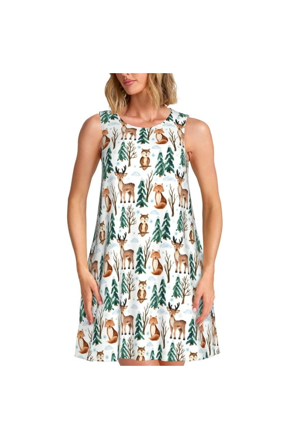 Winter Woodland Friends Print Women’s Sleeveless Midi Swing Dress – A-Line Pleated Tank Sundress, Comfortable and Flowy T-Shirt Dress