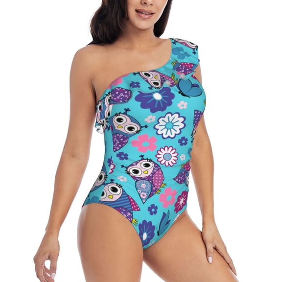 Picia Wls And Flowers Pattern Women's One Piece Swimsuits,One Shoulder Swimwear Asymmetric ,Ruffle Monokinis Bathing Suits,High Waisted Flattering Bathing Suits-Small