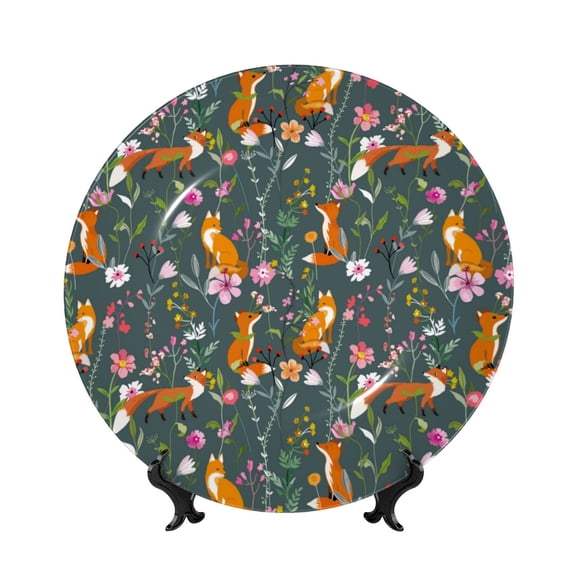 Picia Wolf Fox In Flower Forest Pattern Bone China Decorative Plate – Wall Decor with Stand and Adhesive, Elegant Ornament for Living Room, Office, or Entryway-6in