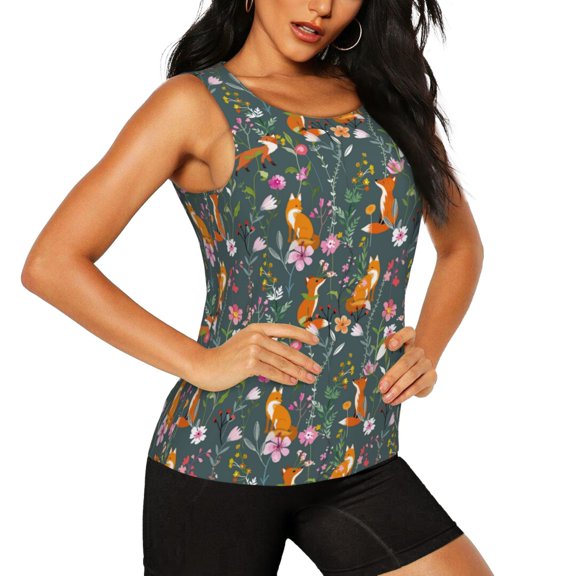 Picia Wolf Fox In Flower Forest Pattern Women's Workout Tank Top,Breathable Activewear,Slim Fit Athletic Top,Versatile Workout Moisture-wicking top-XX-Large