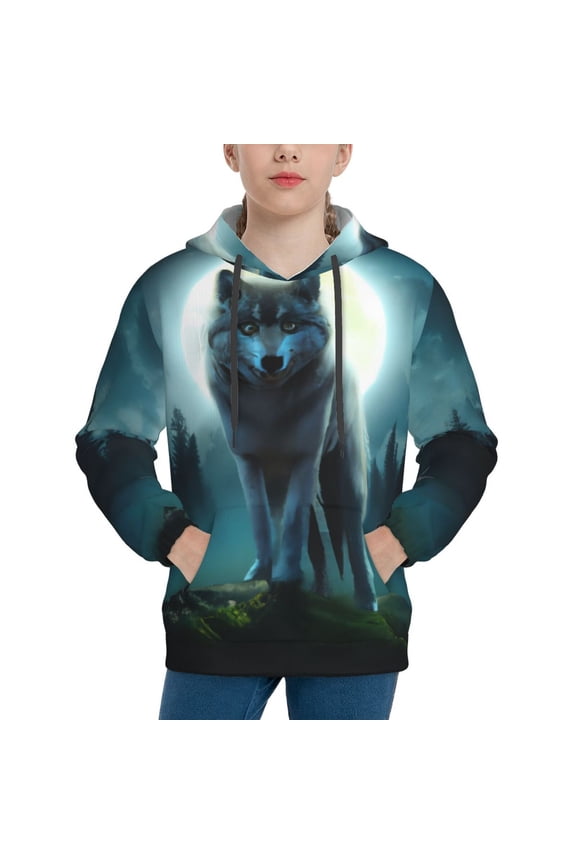 Wolf Pattern Youth Hoodie - Warm Pullover Sweatshirt with Kangaroo Pocket, Ideal for Boys and Girls-Small