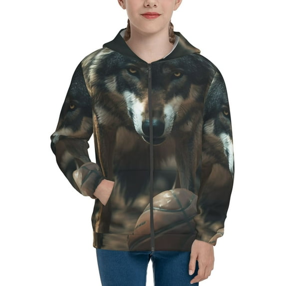 Picia Wolf With Basketball for Boys Fashion Full-zip Hoodies & Sweatshirts with Kangaroo Pocket,Zip-up Hooded Sweatshirt for Kid, Moisture Wicking & Breathable-Small
