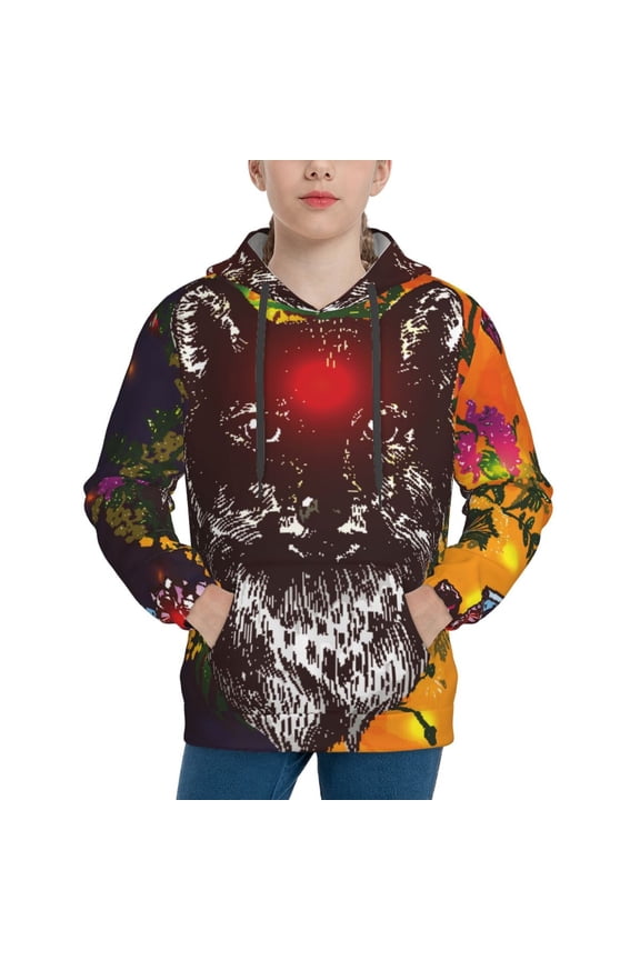 Wolf With Wildflowers Pattern Youth Hoodie - Warm Pullover Sweatshirt with Kangaroo Pocket, Ideal for Boys and Girls-Small