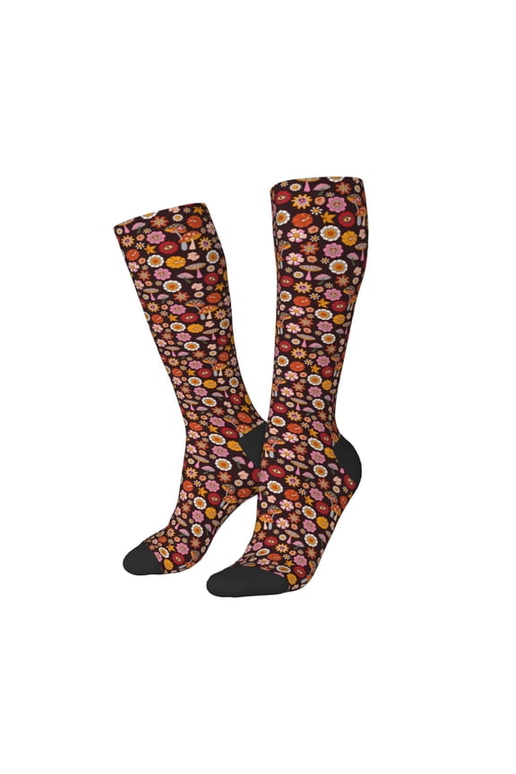 Women Crew Soft Moisture-wicking Socks 70s Groovy Hippie Retro Pattern Design Cotton Socks, One Size fit All