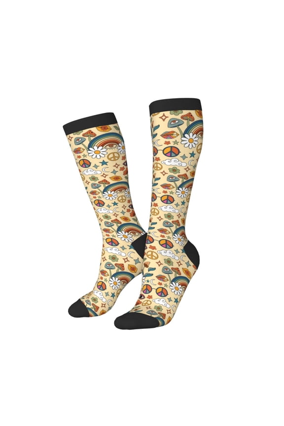 Women Crew Soft Moisture-wicking Socks 70s Hippie Style Pattern Design Cotton Socks, One Size fit All