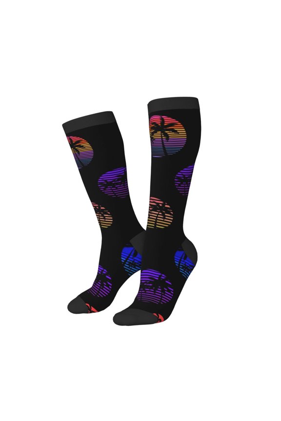Women Crew Soft Moisture-wicking Socks 80s Style Palm Trees Pattern Design Cotton Socks, One Size fit All