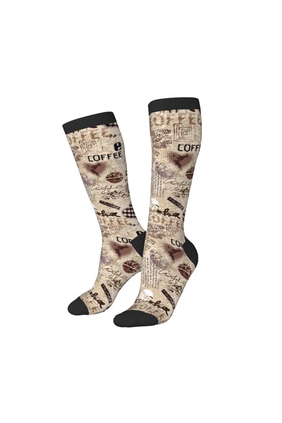 Women Crew Soft Moisture-wicking Socks Abstract Coffee Pattern With Letters Pattern Design Cotton Socks, One Size fit All