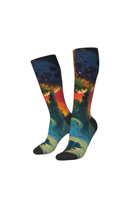 Women Crew Soft Moisture-wicking Socks Abstract Tree Castle Pattern Design Cotton Socks, One Size fit All