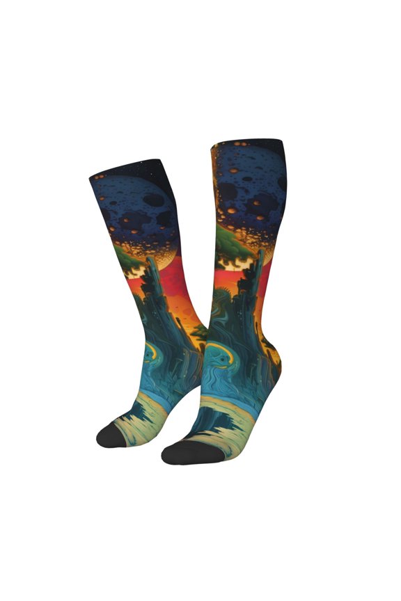Women Crew Soft Moisture-wicking Socks Abstract Tree Castle Pattern Design Cotton Socks, One Size fit All