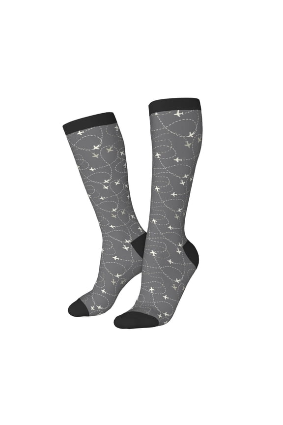 Women Crew Soft Moisture-wicking Socks Airplane Routes Around The World Pattern Design Cotton Socks, One Size fit All
