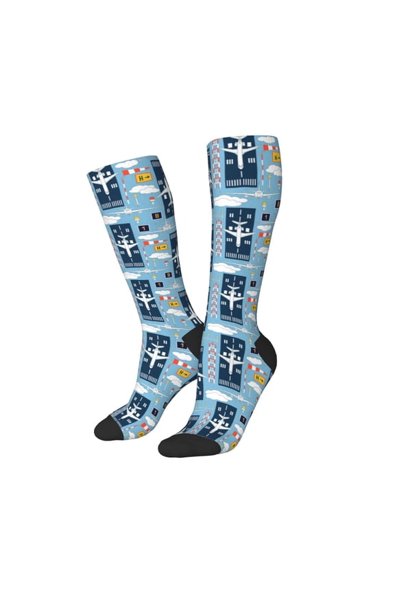 Women Crew Soft Moisture-wicking Socks Airplanes and Aviation Signs Pattern Design Cotton Socks, One Size fit All