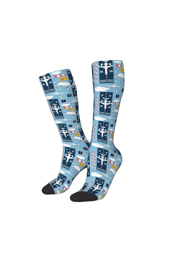 Women Crew Soft Moisture-wicking Socks Airplanes and Aviation Signs Pattern Design Cotton Socks, One Size fit All