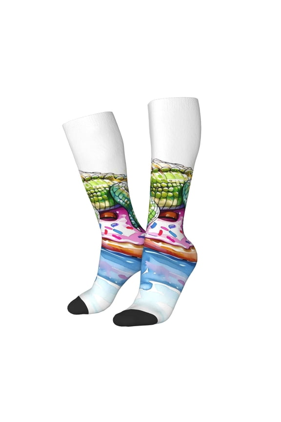 Women Crew Soft Moisture-wicking Socks Alligator Donut Pool Float Pattern Design Cotton Socks, One Size fit All