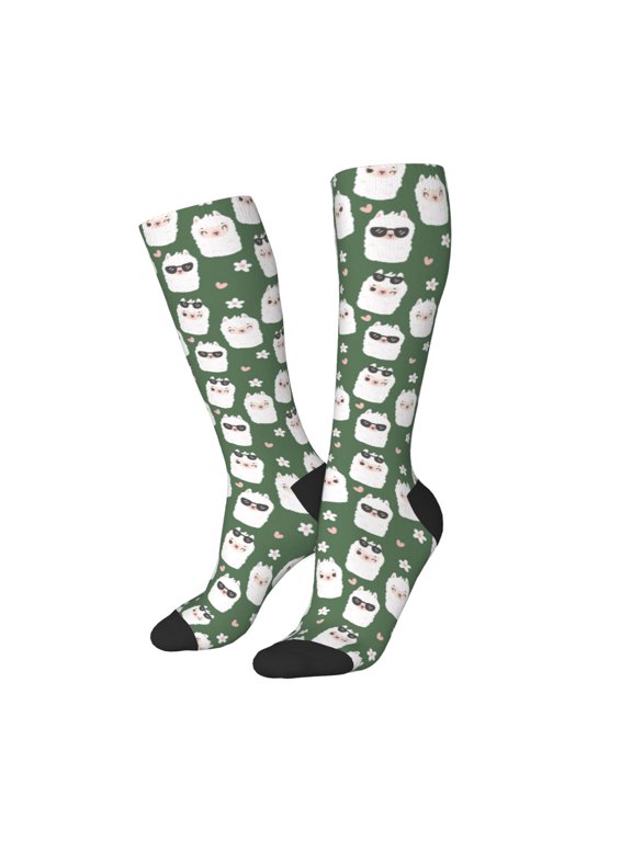 Women Crew Soft Moisture-wicking Socks Alpaca Faces Pattern Design Cotton Socks, One Size fit All