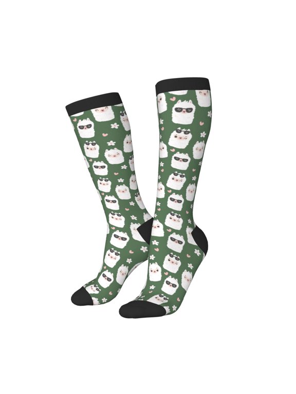 Women Crew Soft Moisture-wicking Socks Alpaca Faces Pattern Design Cotton Socks, One Size fit All