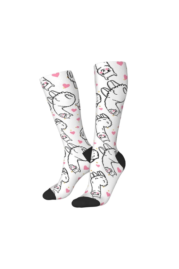 Women Crew Soft Moisture-wicking Socks Alpacas and Hearts Pattern Design Cotton Socks, One Size fit All