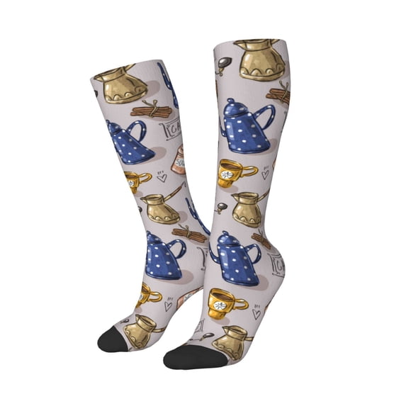 Picia Women Crew Soft Moisture-wicking Socks Antique Vintage Teapot Coffee Grinder Pattern Design Cotton Socks, One Size fit All