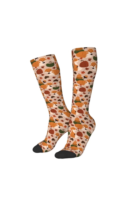 Women Crew Soft Moisture-wicking Socks Autumn Fox Pumpkin Lazy Pattern Design Cotton Socks, One Size fit All