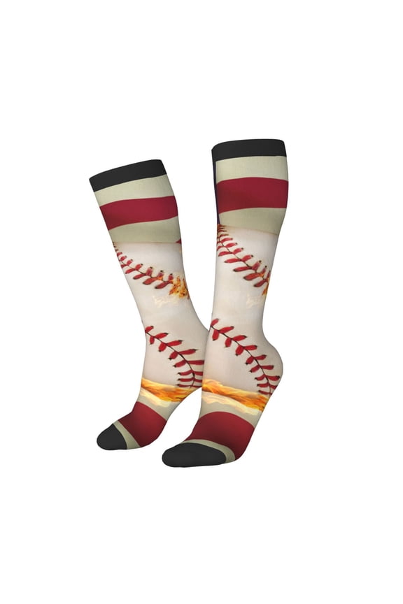 Women Crew Soft Moisture-wicking Socks Baseball Ball With Flag Pattern Design Cotton Socks, One Size fit All
