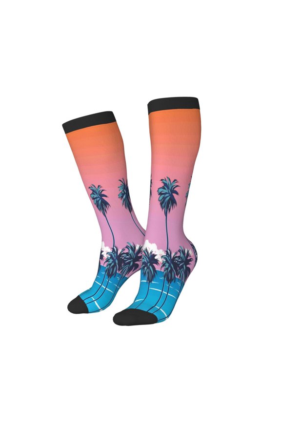 Women Crew Soft Moisture-wicking Socks Beach with Palm Trees Pattern Design Cotton Socks, One Size fit All