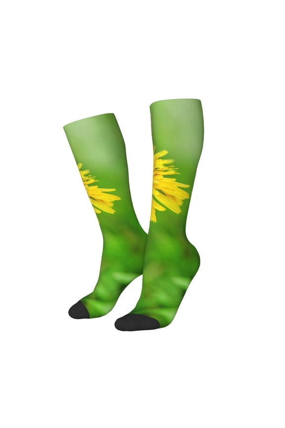 Women Crew Soft Moisture-wicking Socks Bees Pollinates A Yellow Dandelion Pattern Design Cotton Socks, One Size fit All