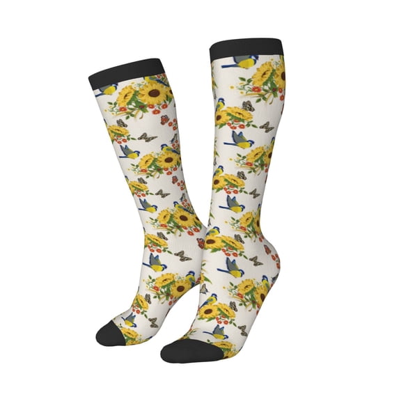 Picia Women Crew Soft Moisture-wicking Socks Bird Sunflowers Pattern Design Cotton Socks, One Size fit All