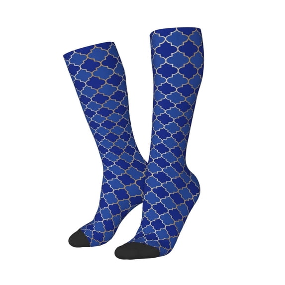 Picia Women Crew Soft Moisture-wicking Socks Blue Gold Grid Lantern Shapes Pattern Design Cotton Socks, One Size fit All