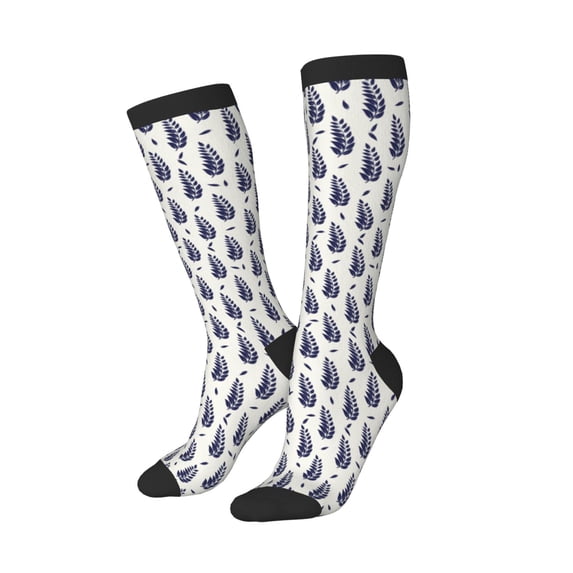 Picia Women Crew Soft Moisture-wicking Socks Blue Leaves Pattern Design Cotton Socks, One Size fit All