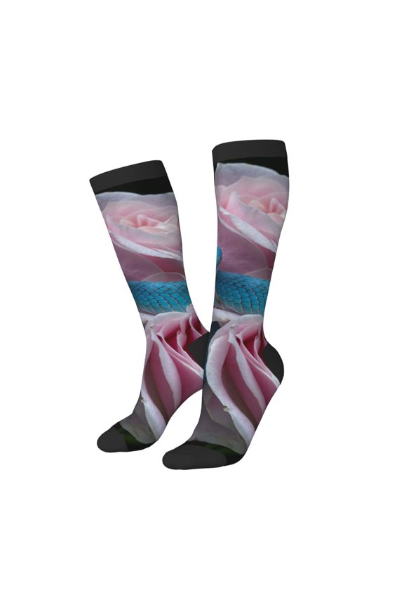 Women Crew Soft Moisture-wicking Socks Blue Lipped Pit Viper And Three Pink Roses Pattern Design Cotton Socks, One Size fit All