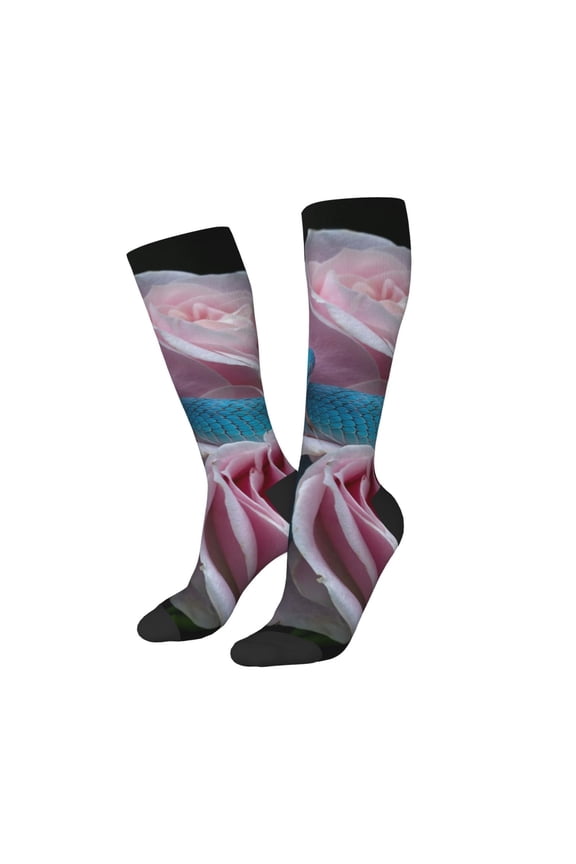 Women Crew Soft Moisture-wicking Socks Blue Lipped Pit Viper And Three Pink Roses Pattern Design Cotton Socks, One Size fit All