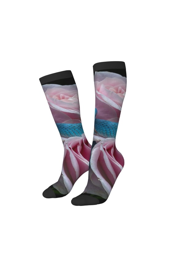 Women Crew Soft Moisture-wicking Socks Blue Lipped Pit Viper And Three Pink Roses Pattern Design Cotton Socks, One Size fit All
