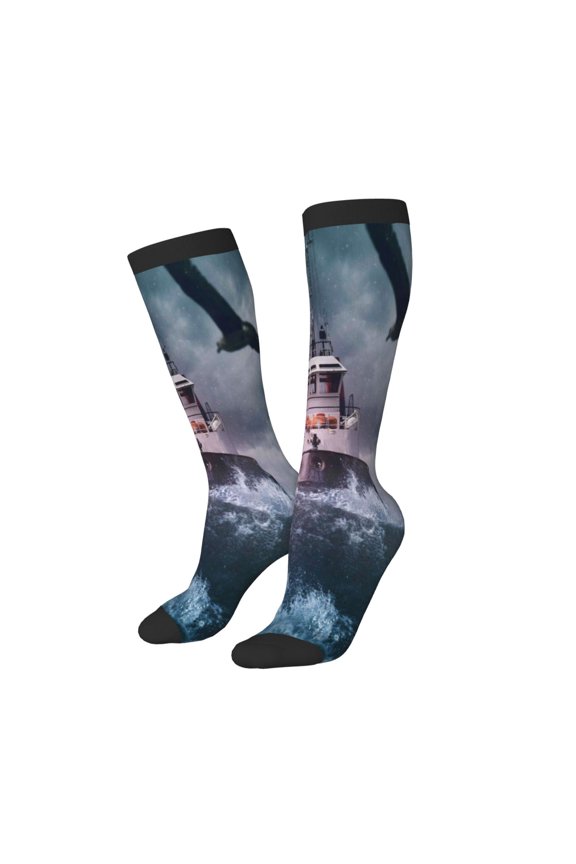 Women Crew Soft Moisture-wicking Socks Boat Lighthouse Storm Waves Pattern Design Cotton Socks, One Size fit All