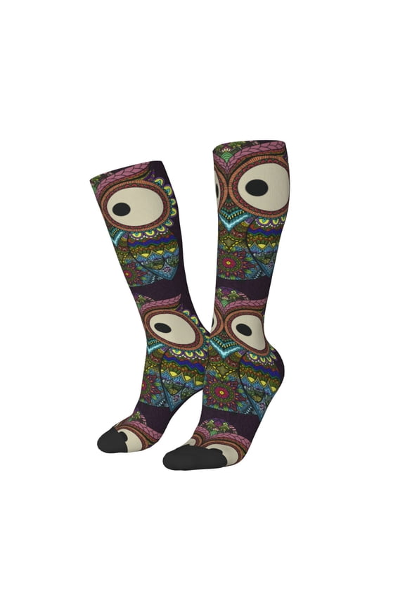 Women Crew Soft Moisture-wicking Socks Boho Owl Pattern Design Cotton Socks, One Size fit All