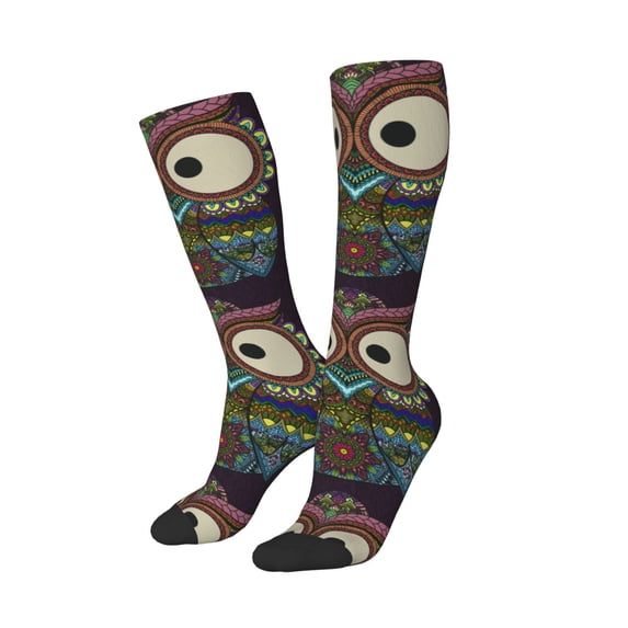 Picia Women Crew Soft Moisture-wicking Socks Boho Owl Pattern Design Cotton Socks, One Size fit All