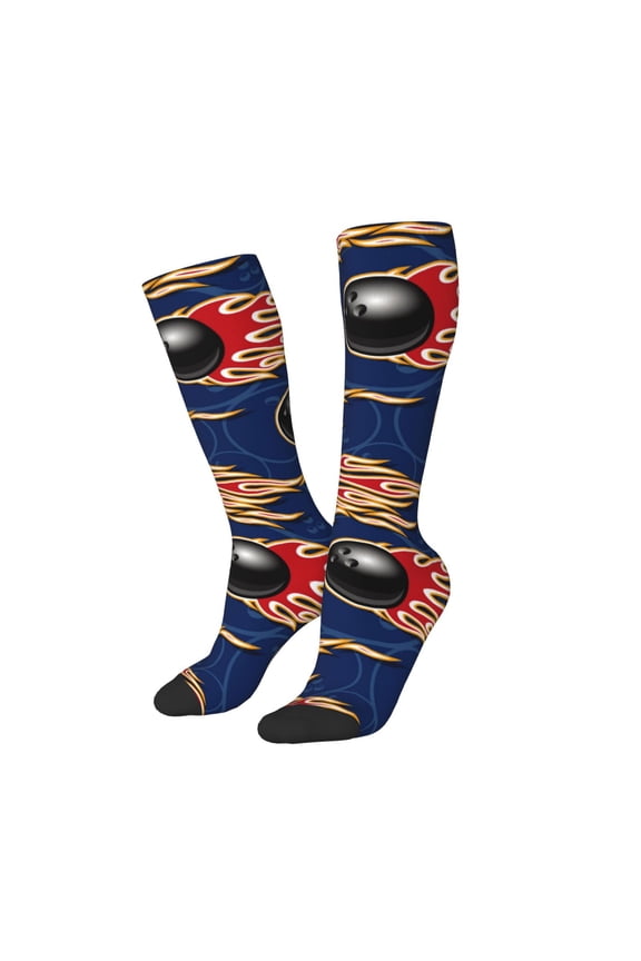 Women Crew Soft Moisture-wicking Socks Bowling Ball And Flame Pattern Design Cotton Socks, One Size fit All
