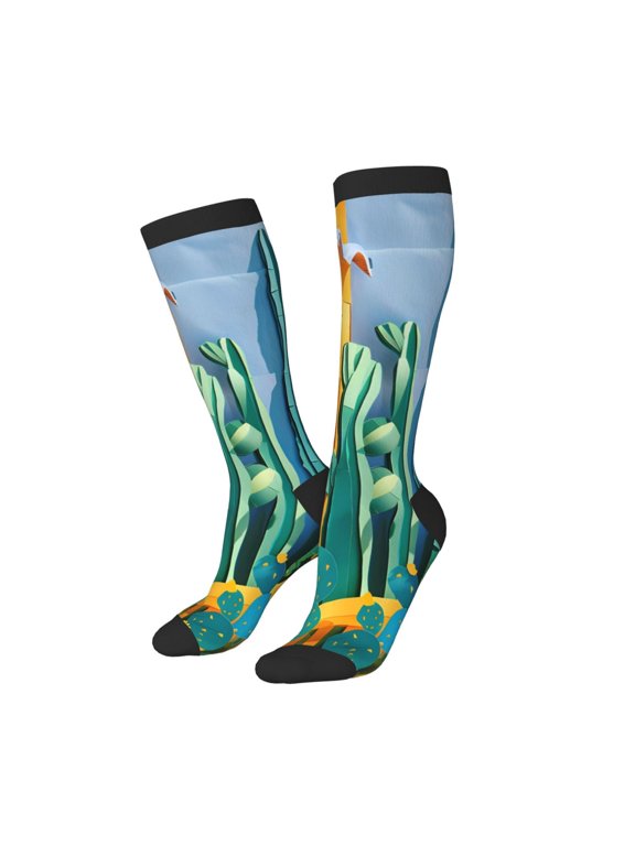 Women Crew Soft Moisture-wicking Socks Bright Paper Cactus Scene Pattern Design Cotton Socks, One Size fit All