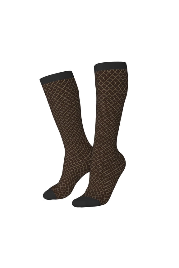 Women Crew Soft Moisture-wicking Socks Brown Moroccan Trellis Pattern Design Cotton Socks, One Size fit All