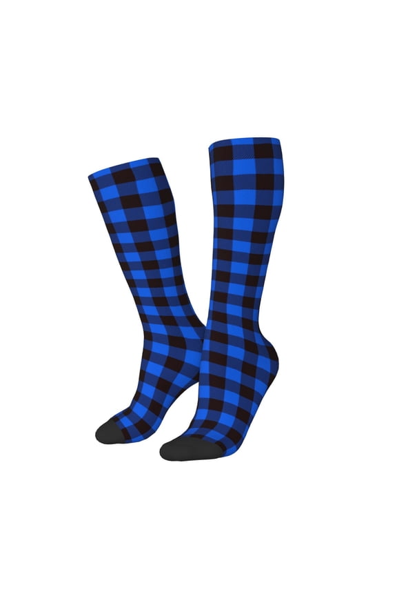 Women Crew Soft Moisture-wicking Socks Buffalo Plaid Blue Black Pattern Design Cotton Socks, One Size fit All