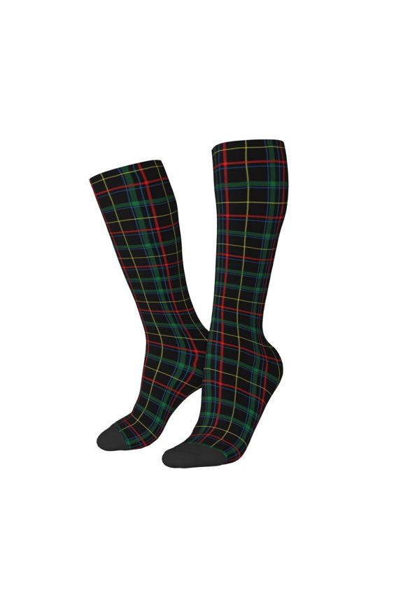 Women Crew Soft Moisture-wicking Socks Buffalo Plaid Dark Green Pattern Design Cotton Socks, One Size fit All