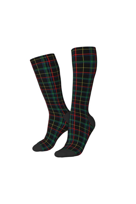Women Crew Soft Moisture-wicking Socks Buffalo Plaid Dark Green Pattern Design Cotton Socks, One Size fit All
