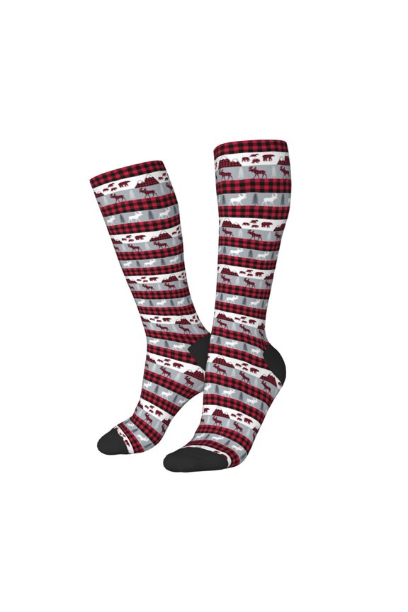 Women Crew Soft Moisture-wicking Socks Buffalo Plaid Forest Pattern Design Cotton Socks, One Size fit All