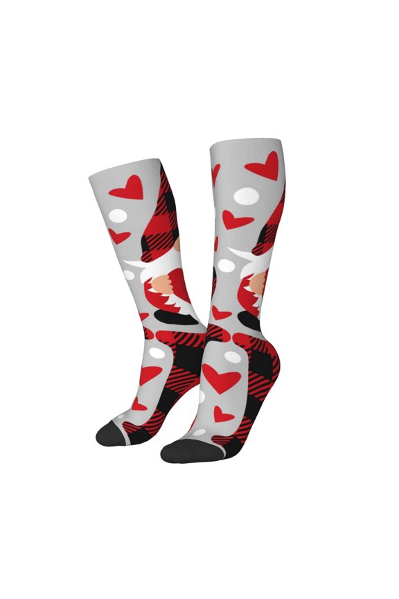 Women Crew Soft Moisture-wicking Socks Buffalo Plaid Love And Gnome Pattern Design Cotton Socks, One Size fit All