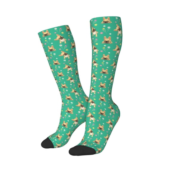 Picia Women Crew Soft Moisture-wicking Socks Bulldog Puppy Flower Pattern Design Cotton Socks, One Size fit All