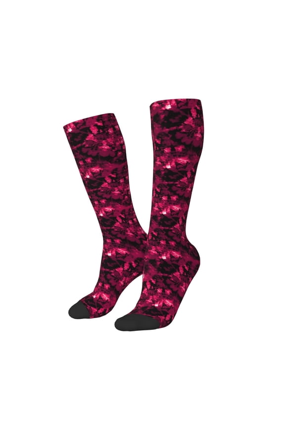 Women Crew Soft Moisture-wicking Socks Burgundy Tie Dye Pattern Design Cotton Socks, One Size fit All