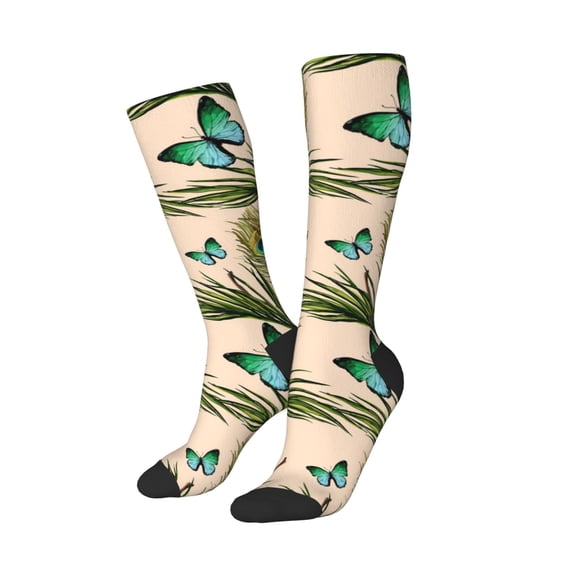 Picia Women Crew Soft Moisture-wicking Socks Butterflies And Peacock Feathers Pattern Design Cotton Socks, One Size fit All