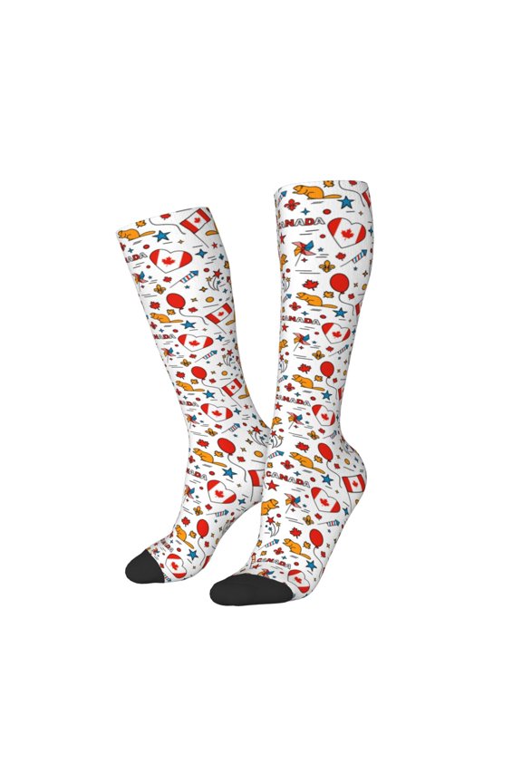 Women Crew Soft Moisture-wicking Socks Canada Day Pattern Design Cotton Socks, One Size fit All