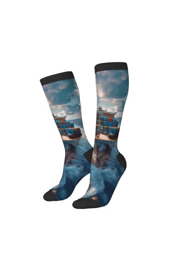 Women Crew Soft Moisture-wicking Socks Cargo Ship At Sea Pattern Design Cotton Socks, One Size fit All