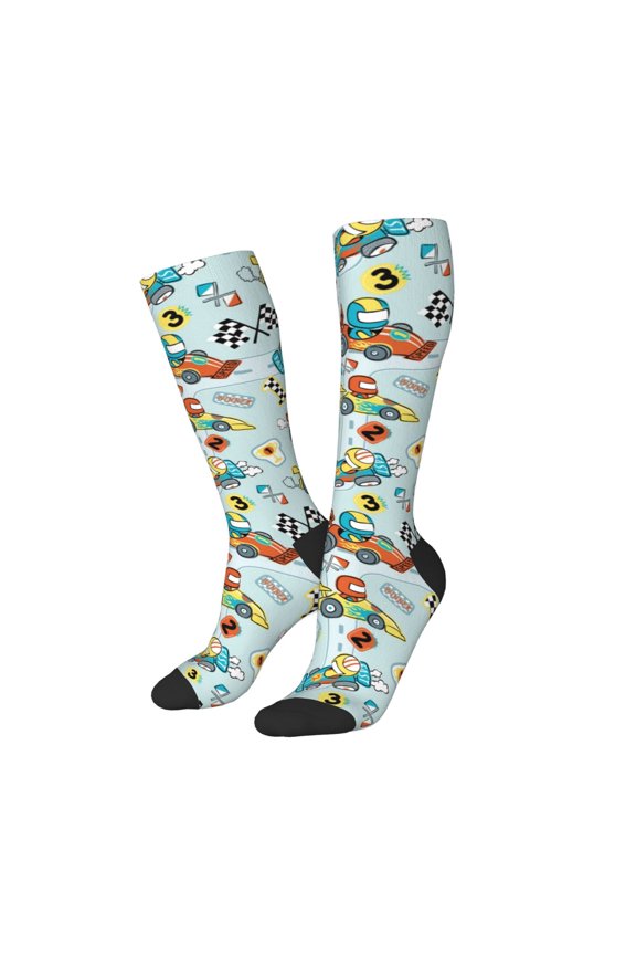 Women Crew Soft Moisture-wicking Socks Cartoon Car Racing Pattern Design Cotton Socks, One Size fit All